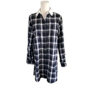 Maje Paris Collared Flannel Button Up Mini Shirt Dress Navy Plaid Flannel Small